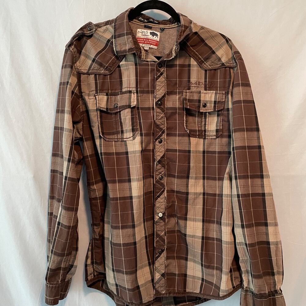 Buffalo David Bitton Men’s Plaid Button-Up Shirt XL Brown Casual Western Style